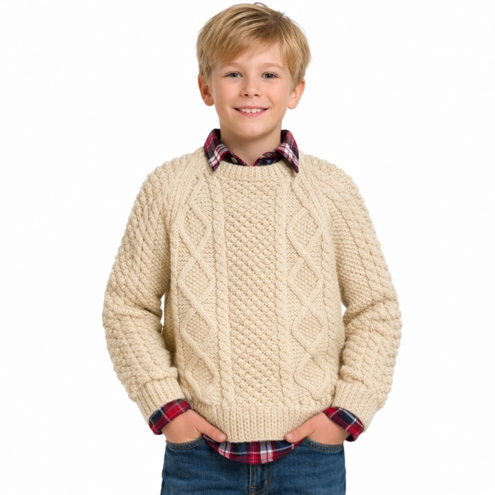 Handmade Vintage Youth Kids Ivory Fisherman Knit Sweater Approx Sz Medium 10-12